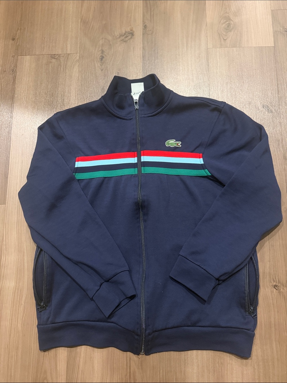 Lacoste Navy Full-Zip Jacket with Red, Light Blue & Green Stripes